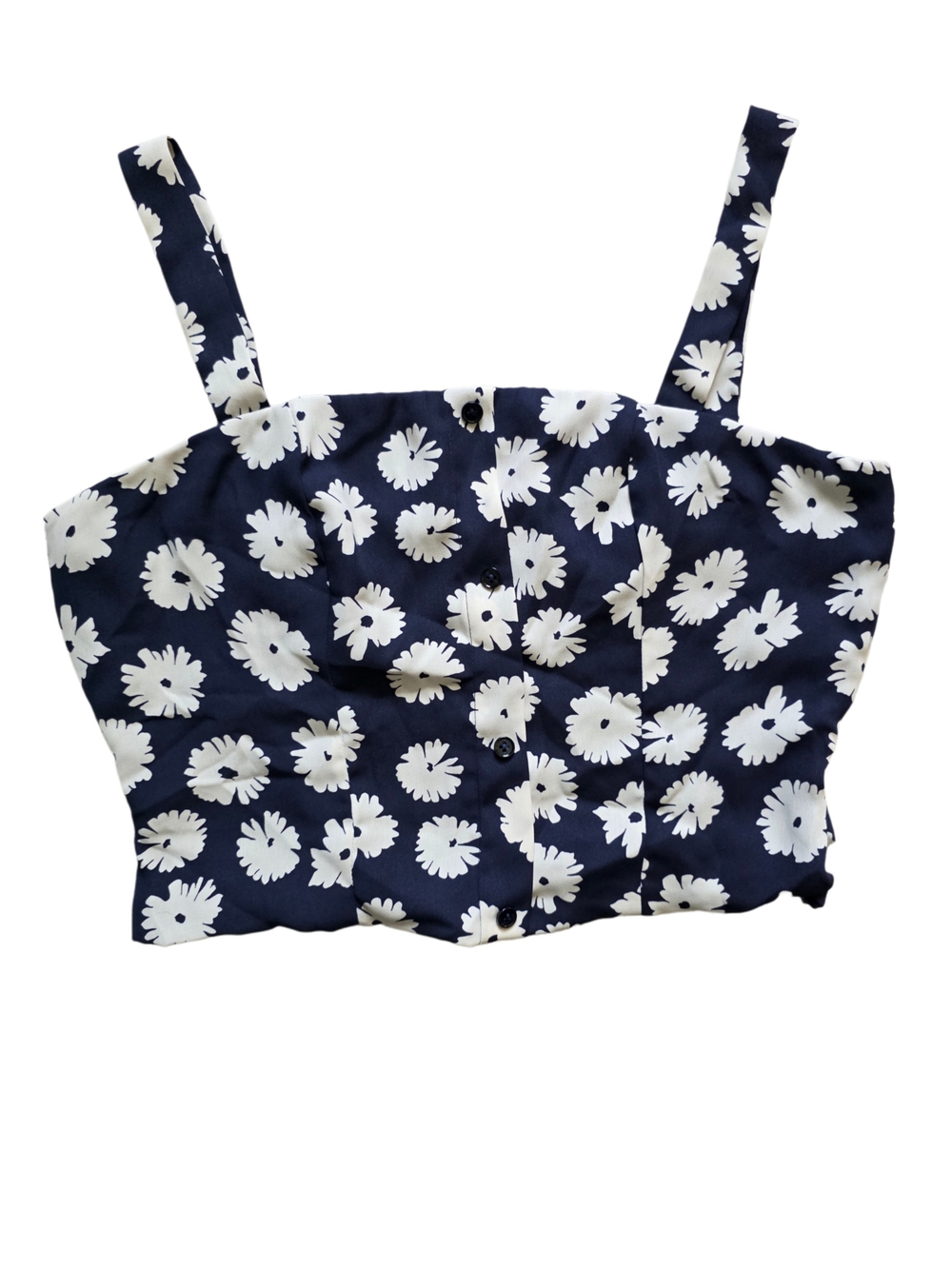 superdown Navy and White Floral Button Crop Top